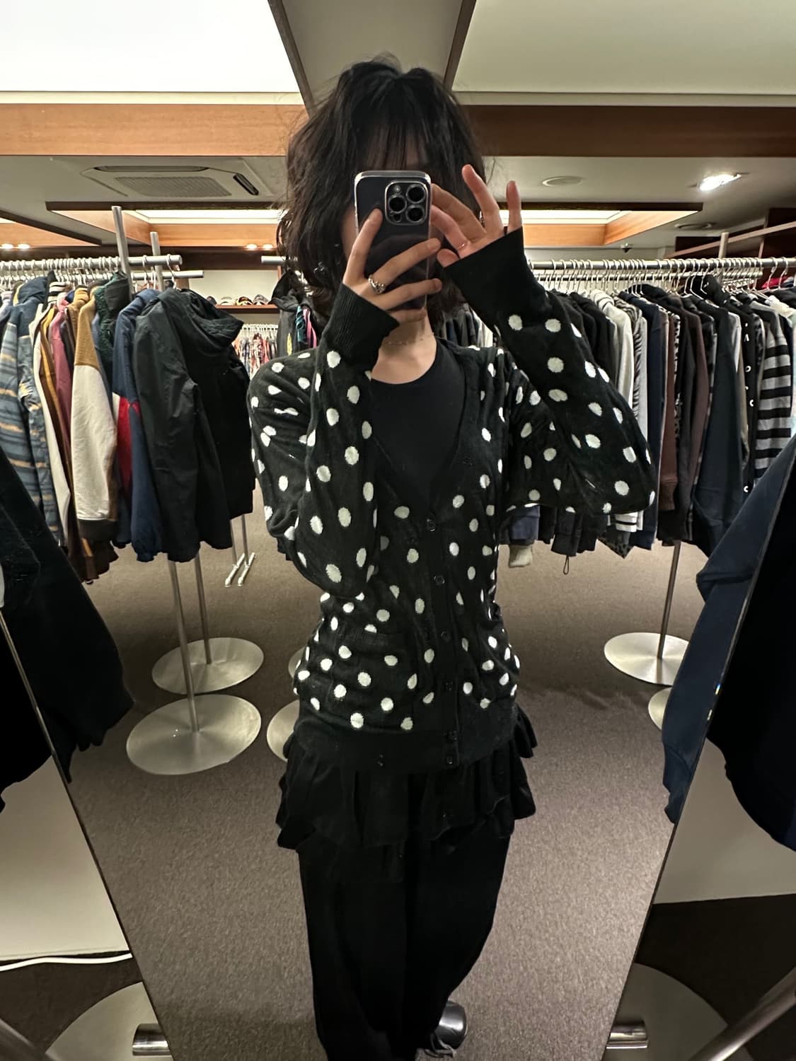 L)BROWNY 빈티지 여성 블랙 도트 브이넥 니트 가디건 상품이미지2