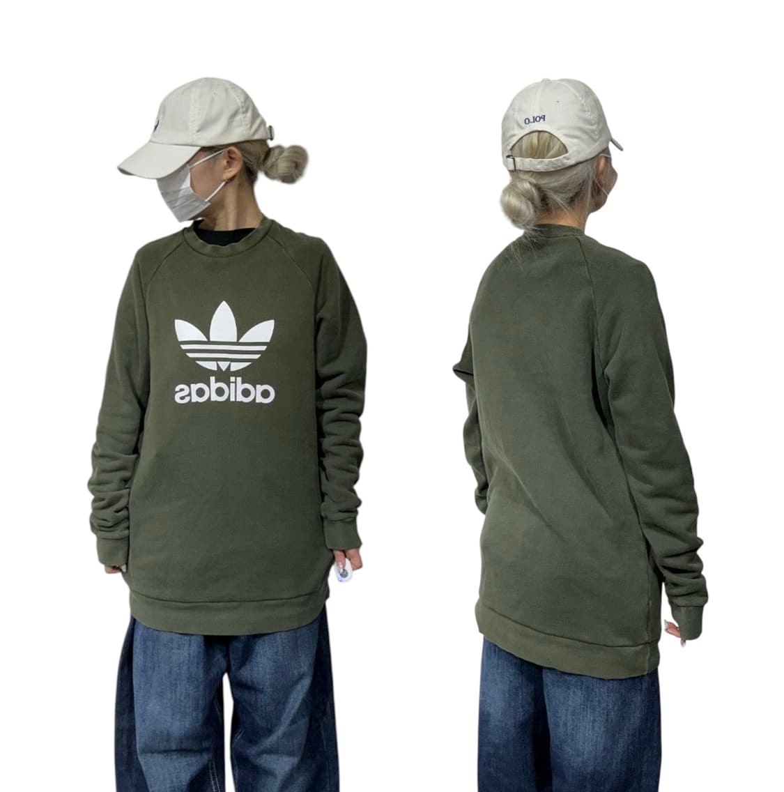 아디다스 카키 화이트 빅 로고 스웻 셔츠 맨투맨 M 상품이미지1