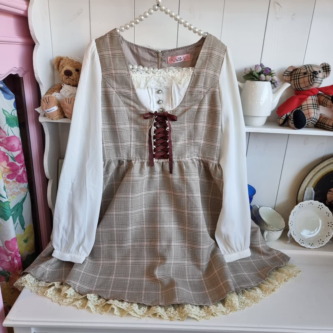 (앙크루즈) 클래식 체크 레이스업 프릴 원피스 상품이미지3