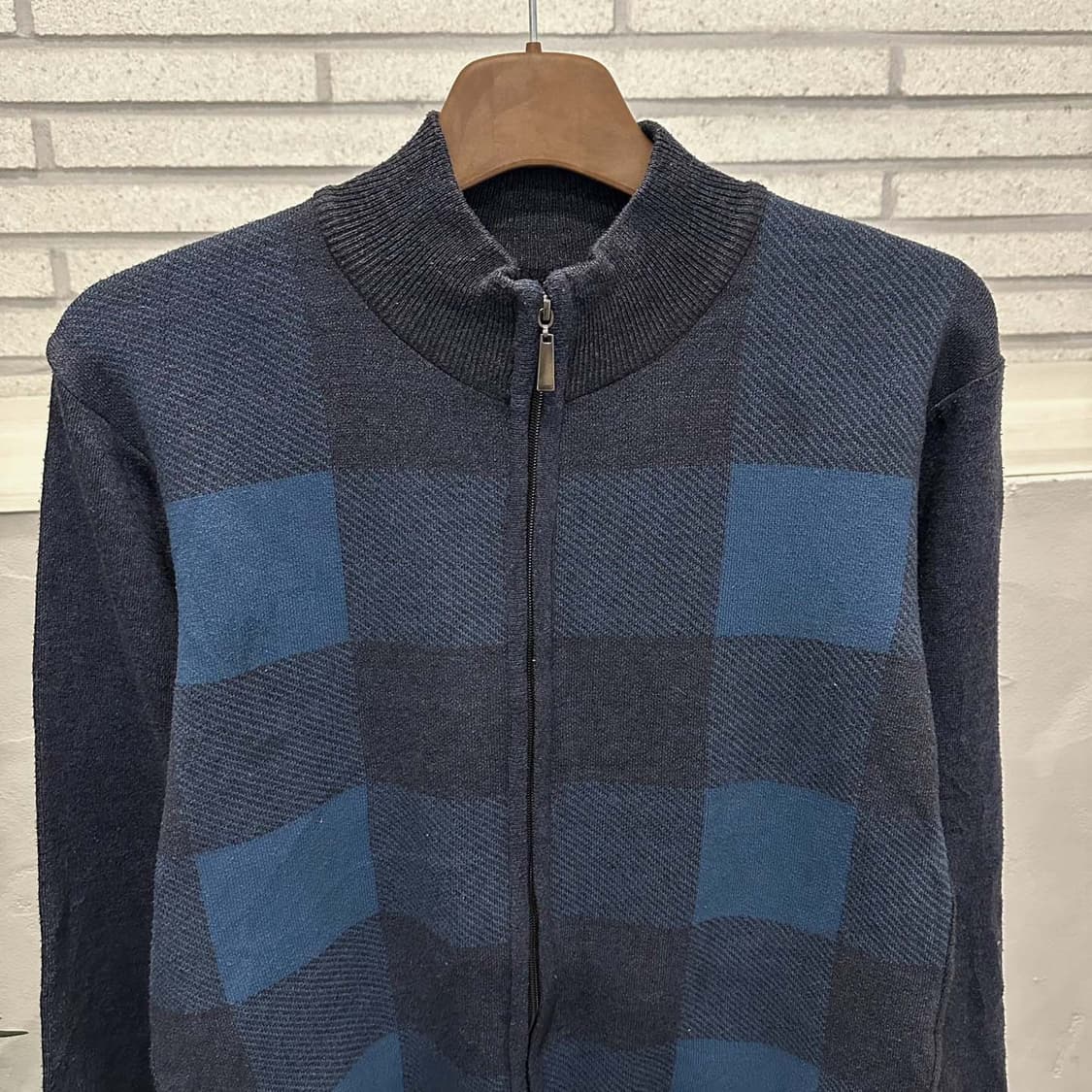 KR VINTAGE 니트 집업 가디건 하이넥 체크 패턴 디테일 네이비 상품이미지4