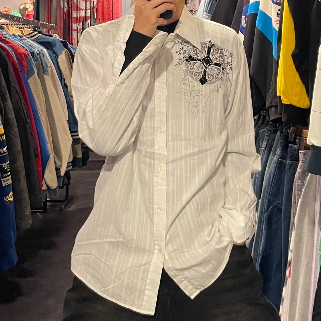 [IM] vtg 웨스턴 벨벳 프린팅 화이트 셔츠 상품이미지2