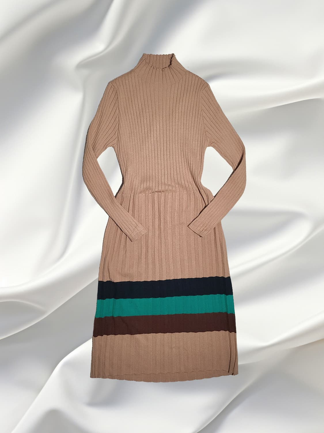 일본 빈티지 배색 골지 니트 롱 원피스 상품이미지1