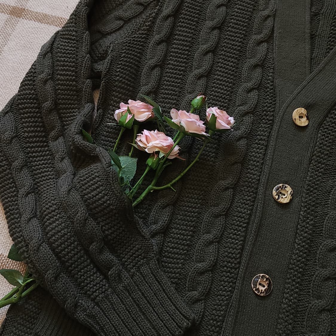 90s 프렌치 울 가디건 스웨터 케이블 버튼 가디건 그린 L 상품이미지10