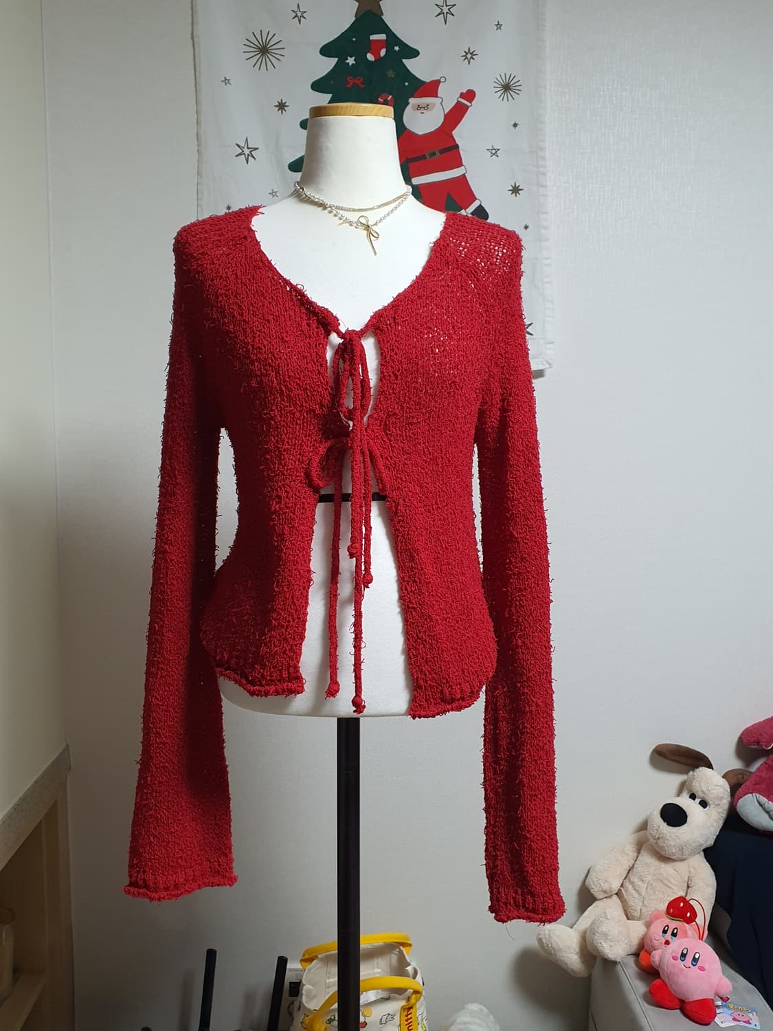 [빈티지] 크리스마스 레드 꽈배기 숏 가디건 니트 상품이미지1
