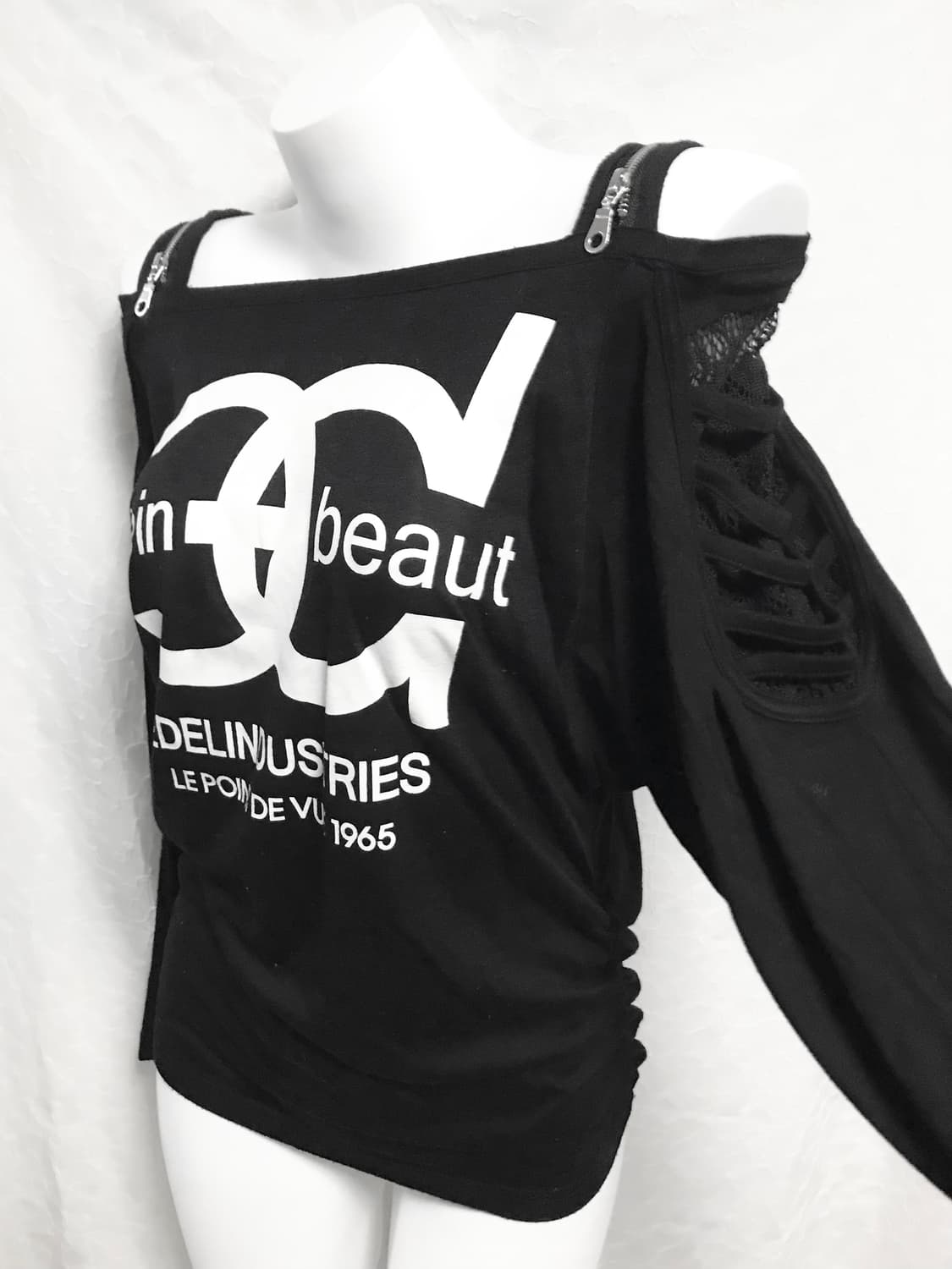 빈티지 갸루 펑크 지퍼 디테일 트임 오프숄더 롱슬리브 탑 상품이미지1