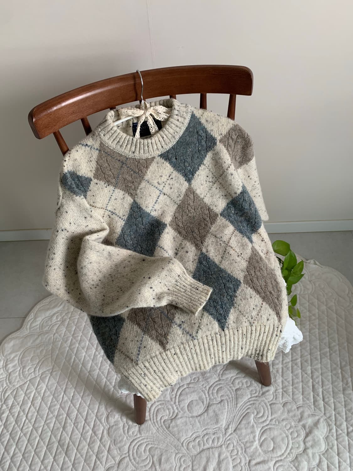 퓨어 울 100 셰틀랜드 쿠앤크 보카시 아가일 니트 상품이미지1