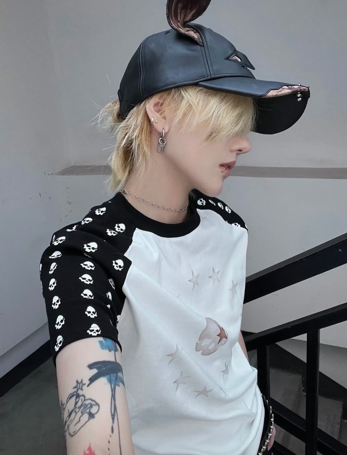 Skull Print Visual Style Raglan T-Shirt 상품이미지4