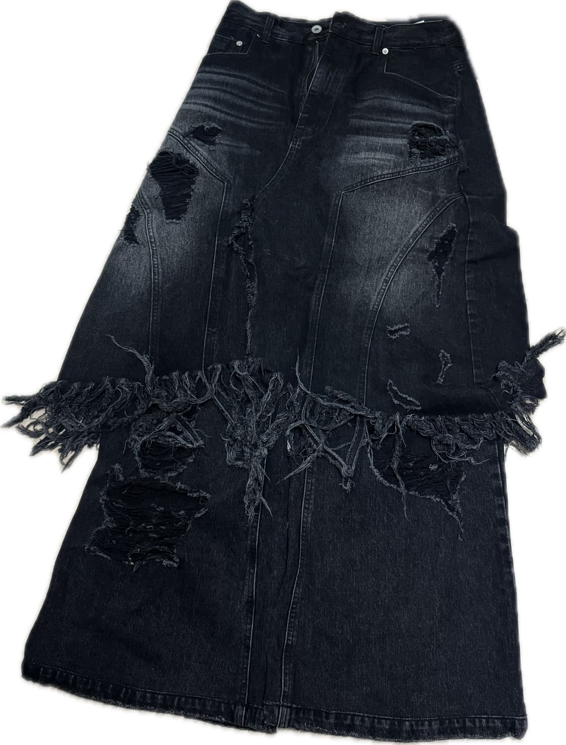 선데이오프클럽 레이어드 스커트 플레어드 데님 진 워시드 블랙 상품이미지2