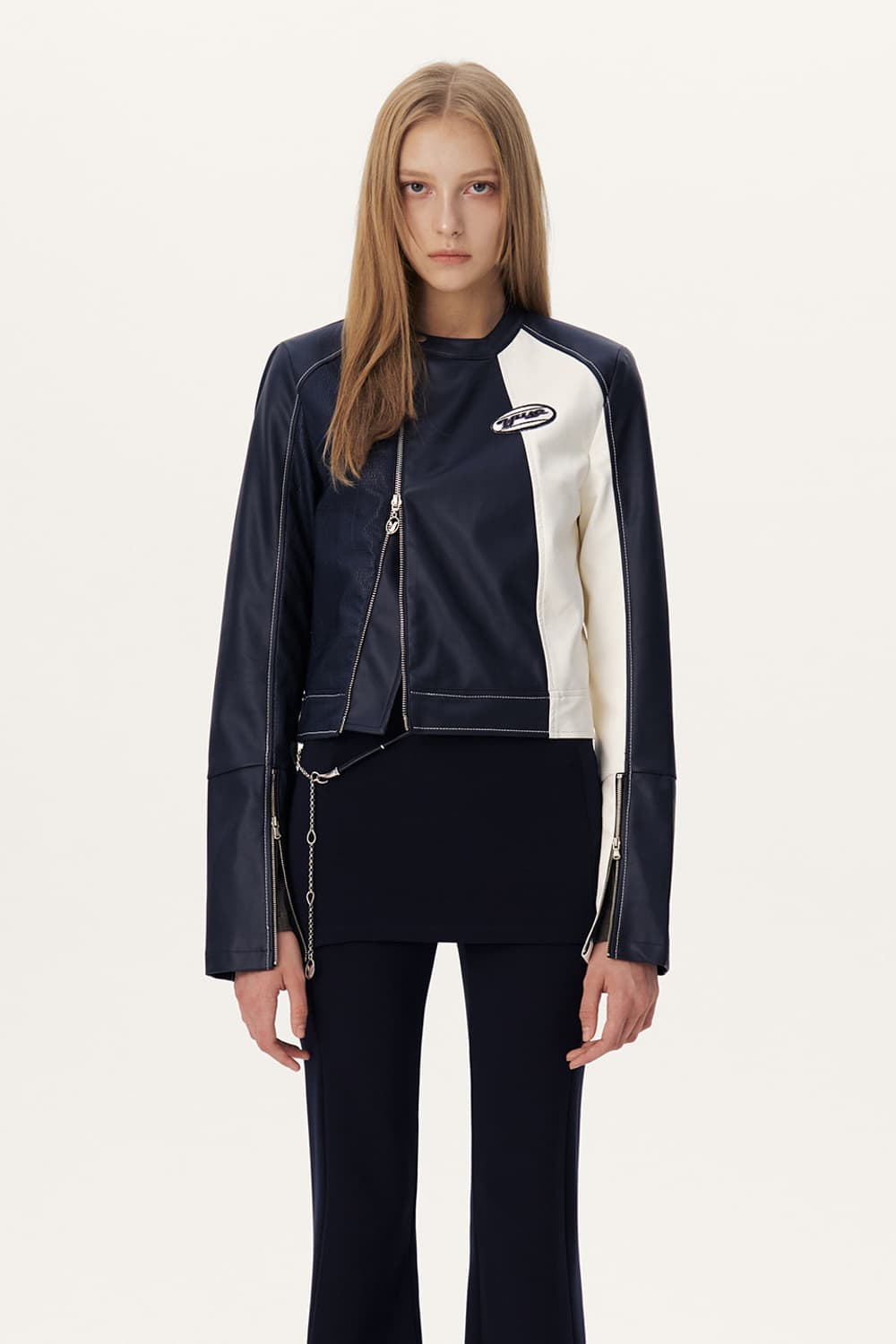 유즈 YUSE 슬림 레더 컬러 블락 바이커 자켓 S 상품이미지1