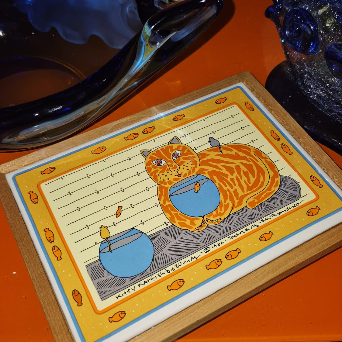 80s 미국 금붕어 고양이 타일 액자&트레이 상품이미지7