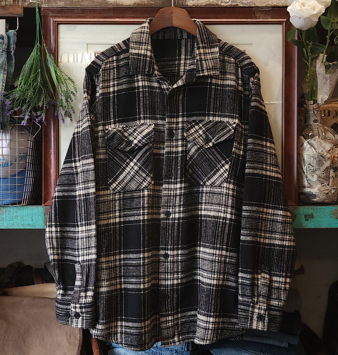 90s 아메리칸 빈티지 체크셔츠 헤비 플란넬 워크셔츠 블랙앤화이트 xl 상품이미지1