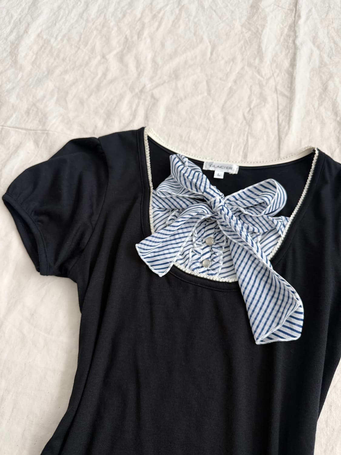 공겜여주 로걀 리본 블라우스 반팔 상품이미지2