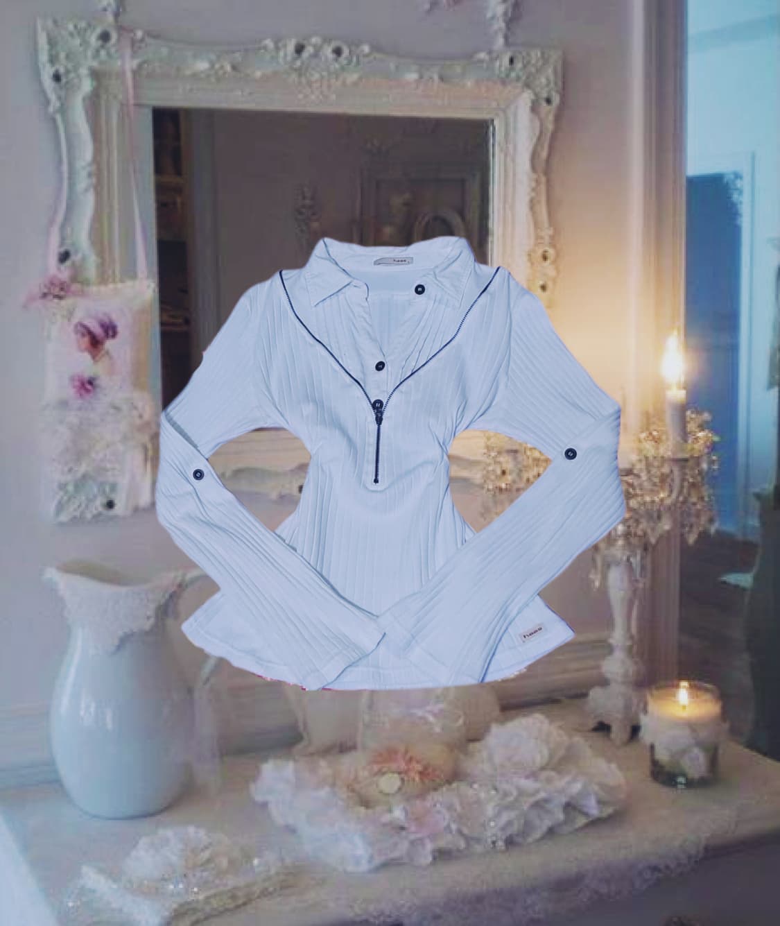 스즈키에미깔 긱시크 갸루 골지 화이트 레이어드 셔츠 롱슬리브 상품이미지2