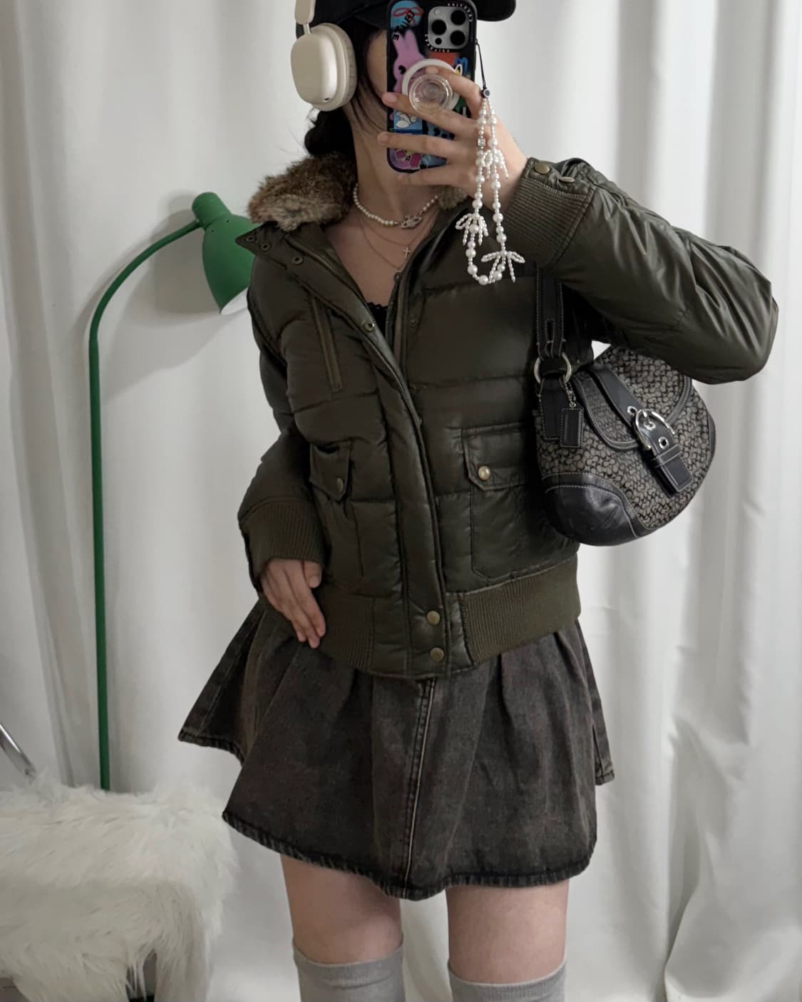 카키 레빗 퍼 다운 패딩 자켓 상품이미지2