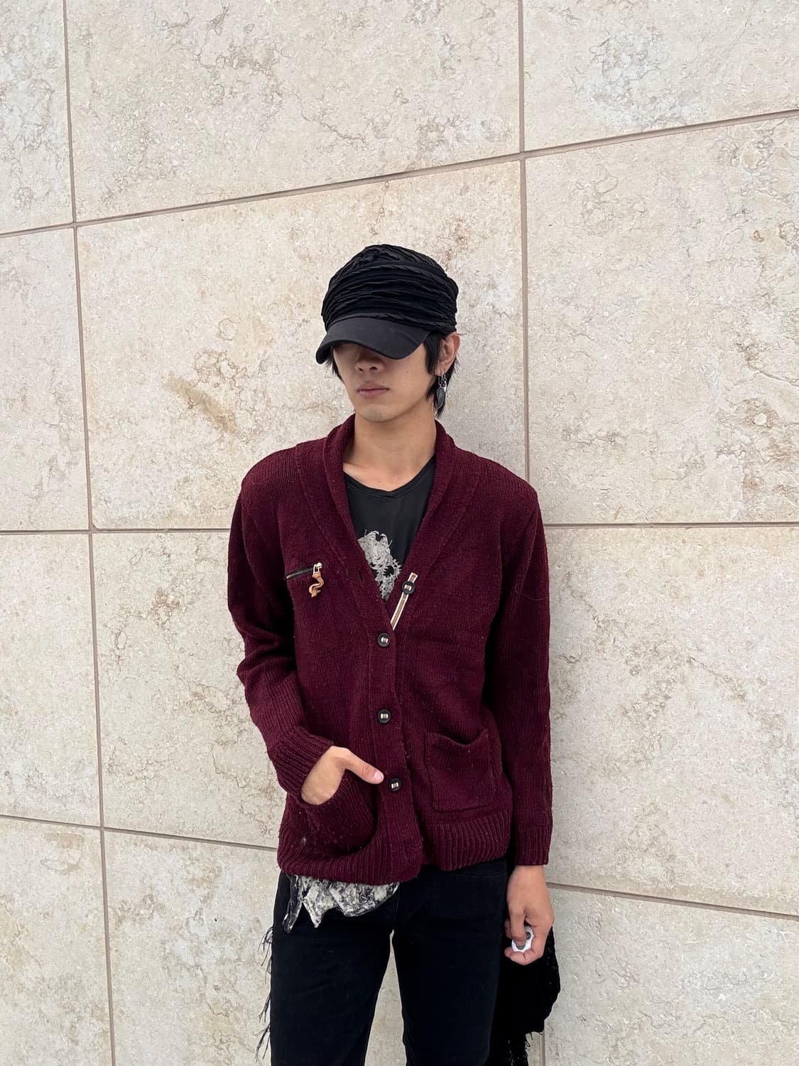 “Vintage” burgundy Zipper detail Knit Ca 상품이미지1