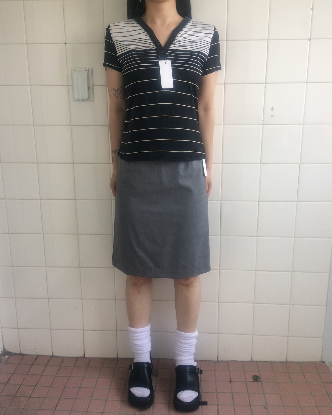 Stripe pattern Henry neck t shirt 상품이미지1
