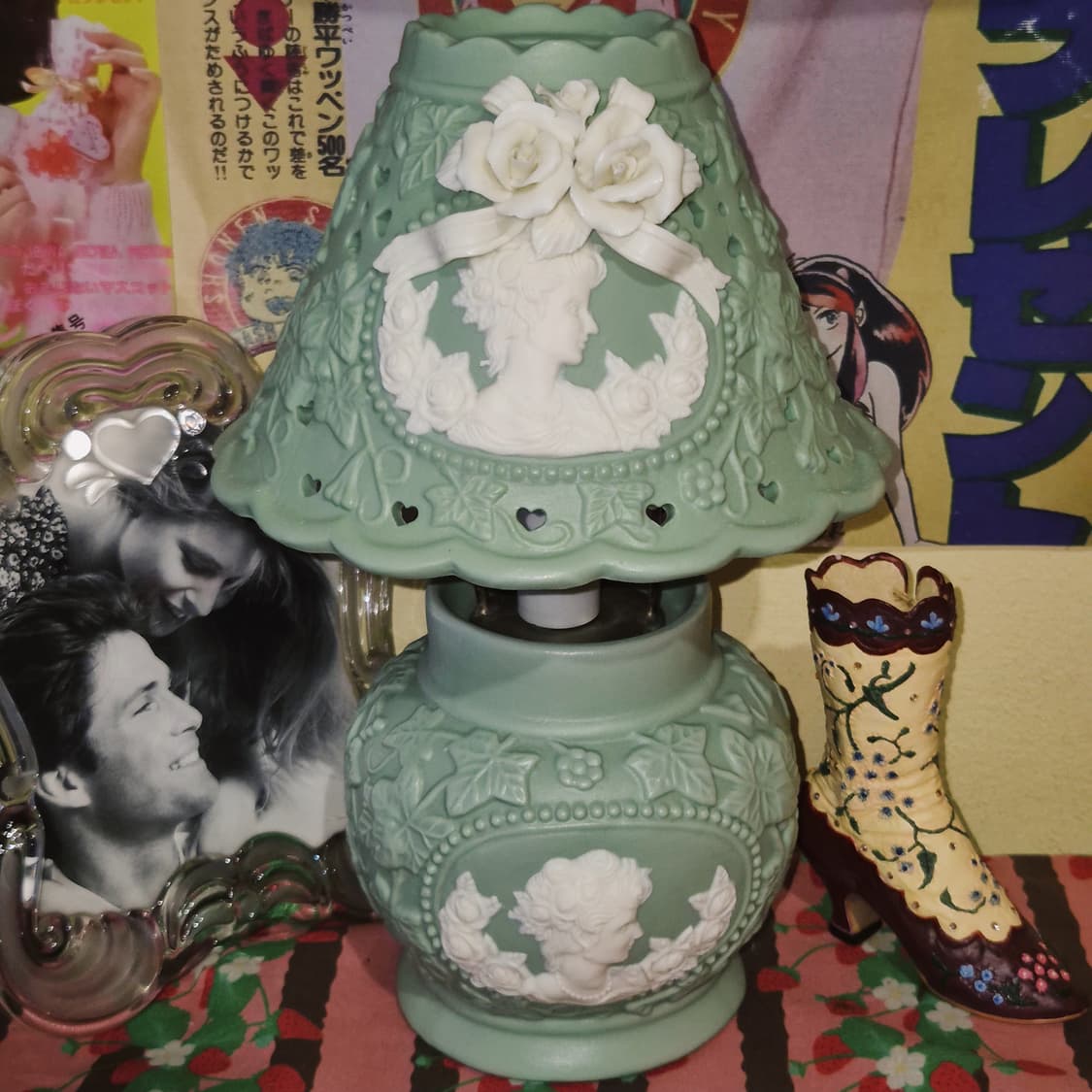 90s 엔틱 카메오 꽃포지 포셀린 테이블 램프 상품이미지10