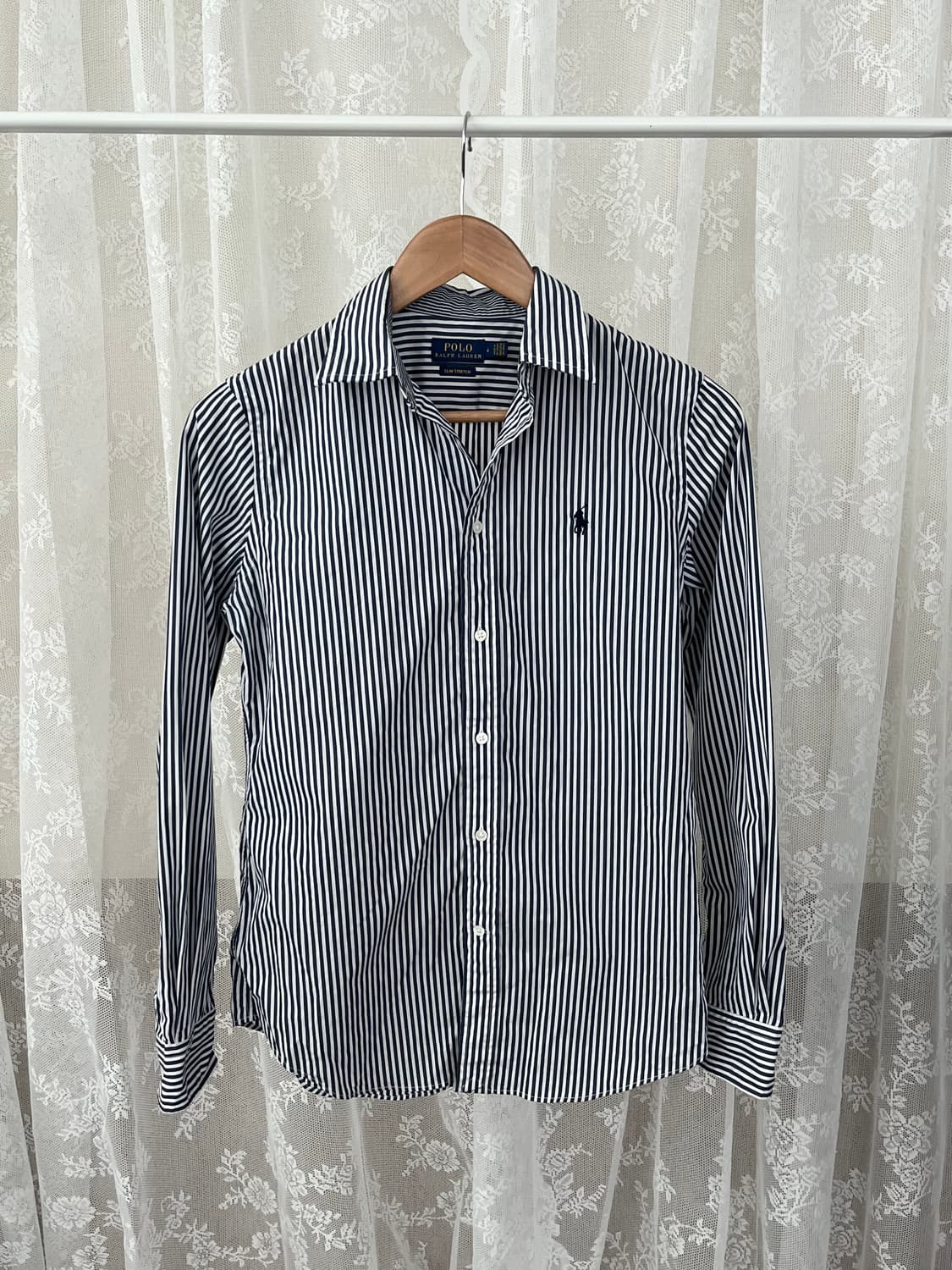 M) 폴로 랄프로렌 여성 슬림핏 스트라이프 셔츠 네이비 상품이미지1