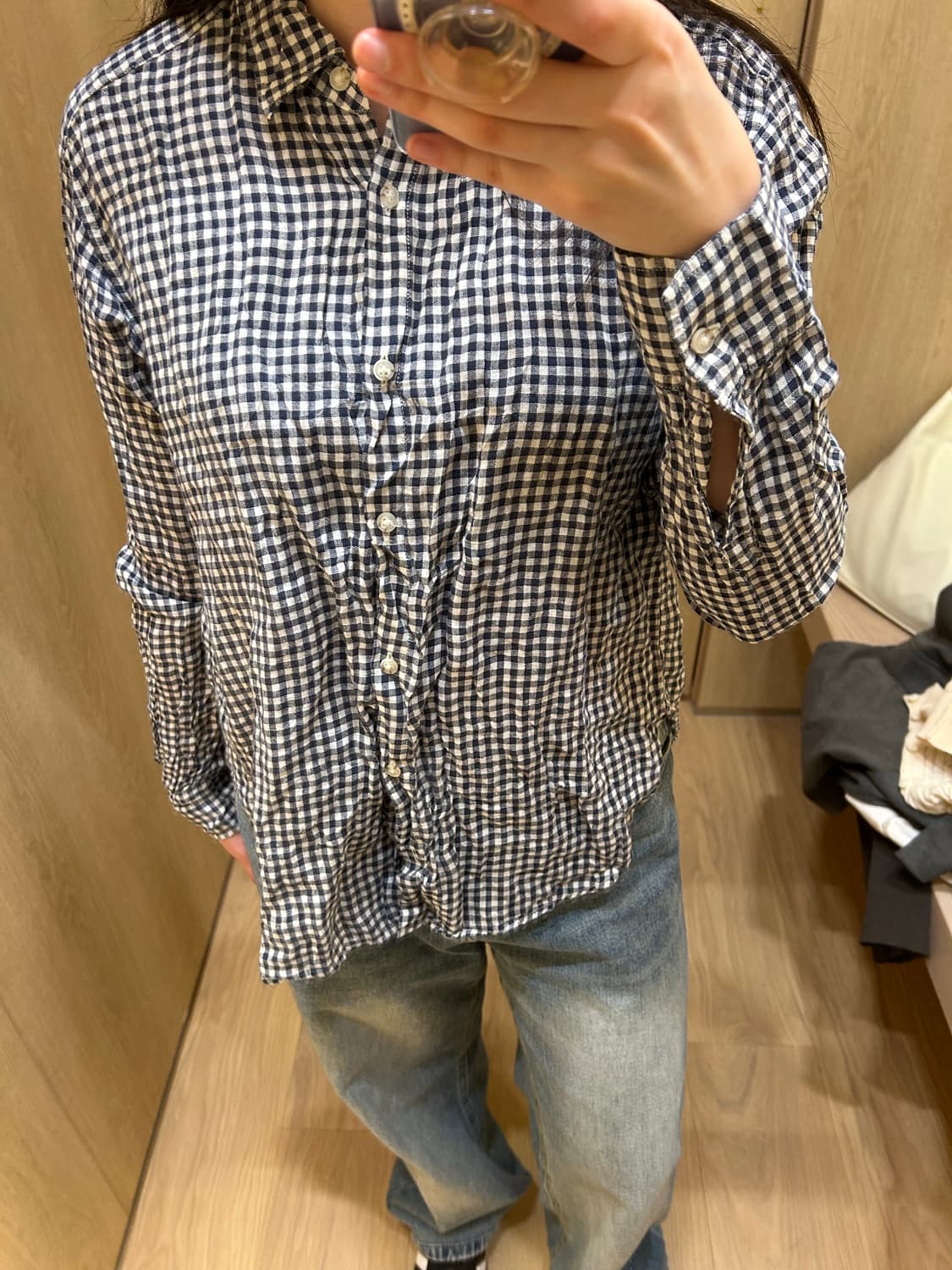 유니클로 깅엄 체크 블라우스 셔츠 네이비 모리걸 레이어드 빈티지 일본 상품이미지3