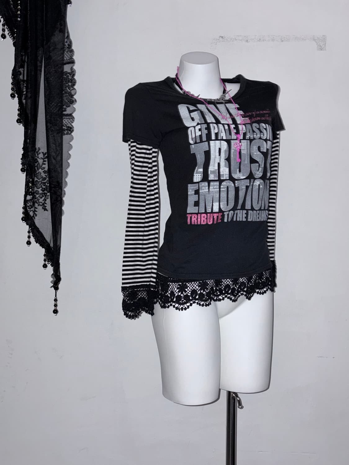 00s 시부야 레터링 무채색 갸루 3pcs (그레이/핫핑크/스트라이프) 상품이미지6