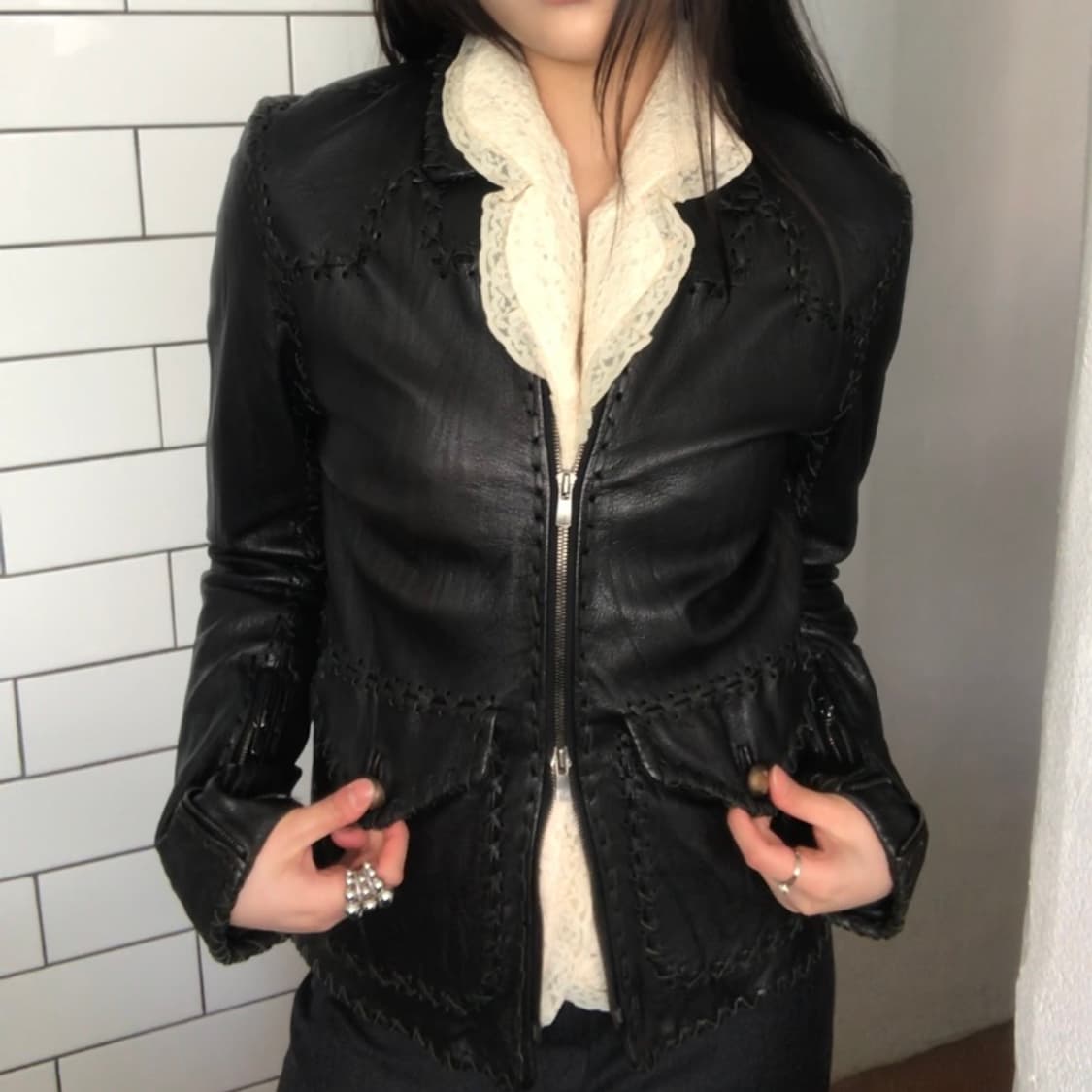 빈티지 스티치 레더 자켓 / M 사이즈 상품이미지1