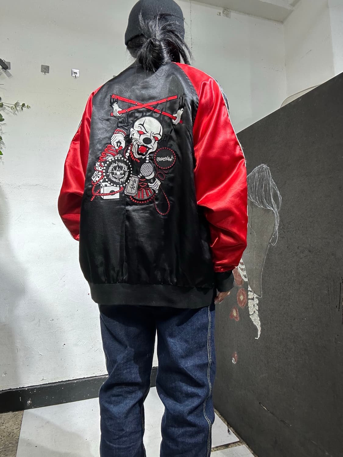 일본빈티지 Weksnoop 블랙 악마 불 자수 스카잔  L 상품이미지1