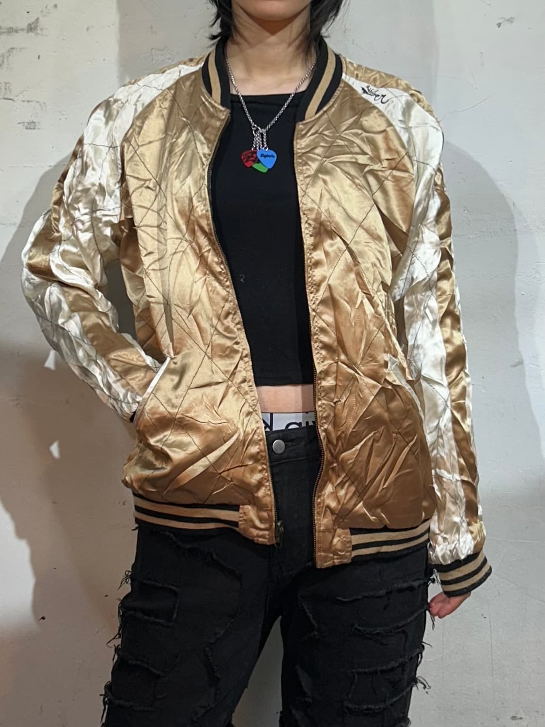 일본빈티지 양면 리버시블 후지산 자수 퀼팅 스카잔 수니베어 스카쟌 L 상품이미지7