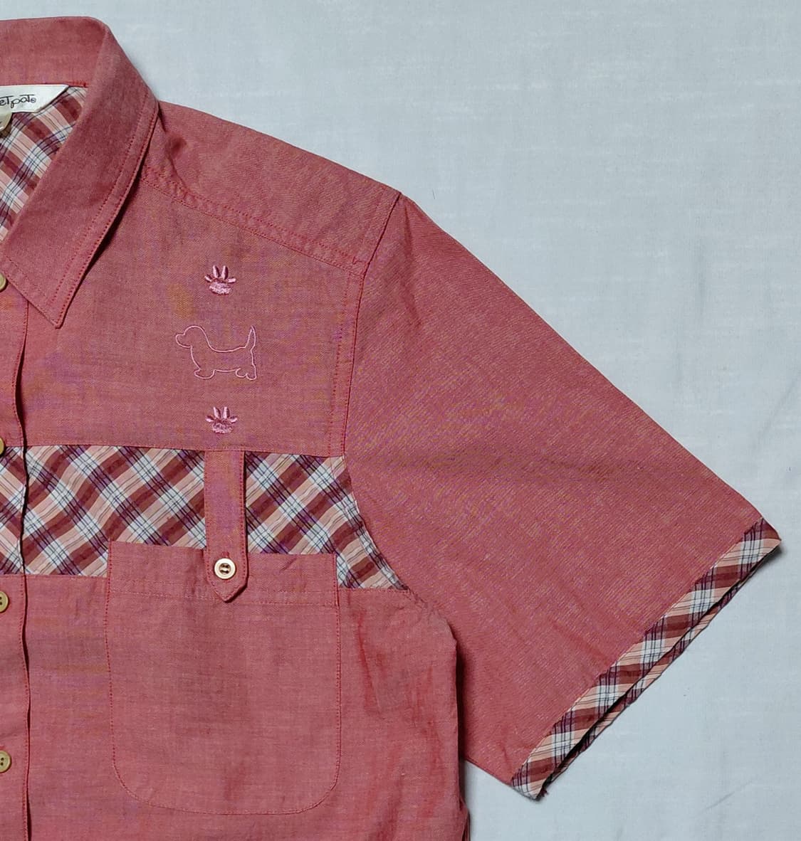 [L] POSSET POT 빈티지 닥스훈트 자수 & 체크 배색 반팔 셔츠 상품이미지3