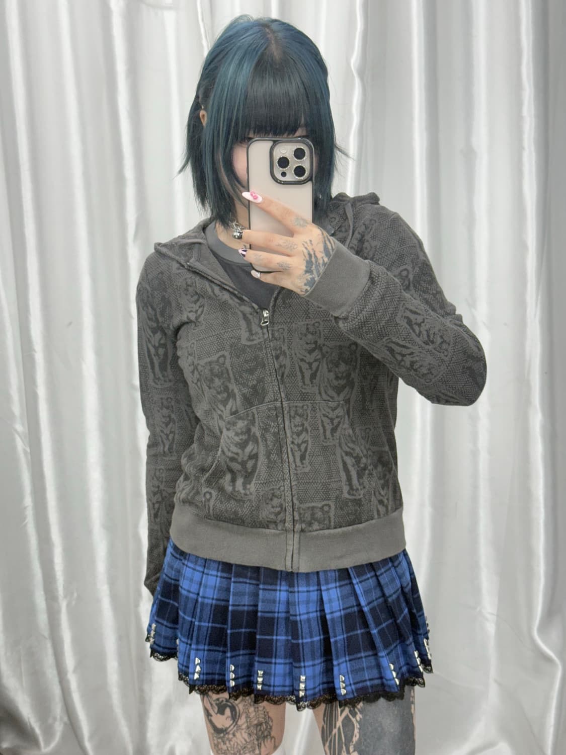 Pattern printing charcoal hood zip-up 상품이미지2