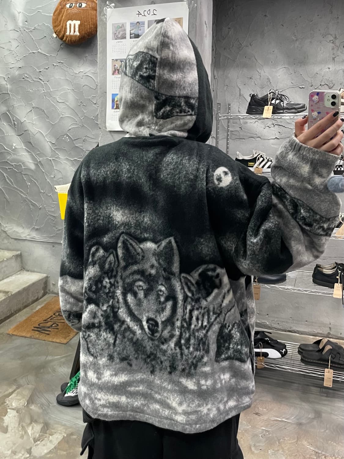 빈티지 울프 아트 플리스 후드 자켓 상품이미지10
