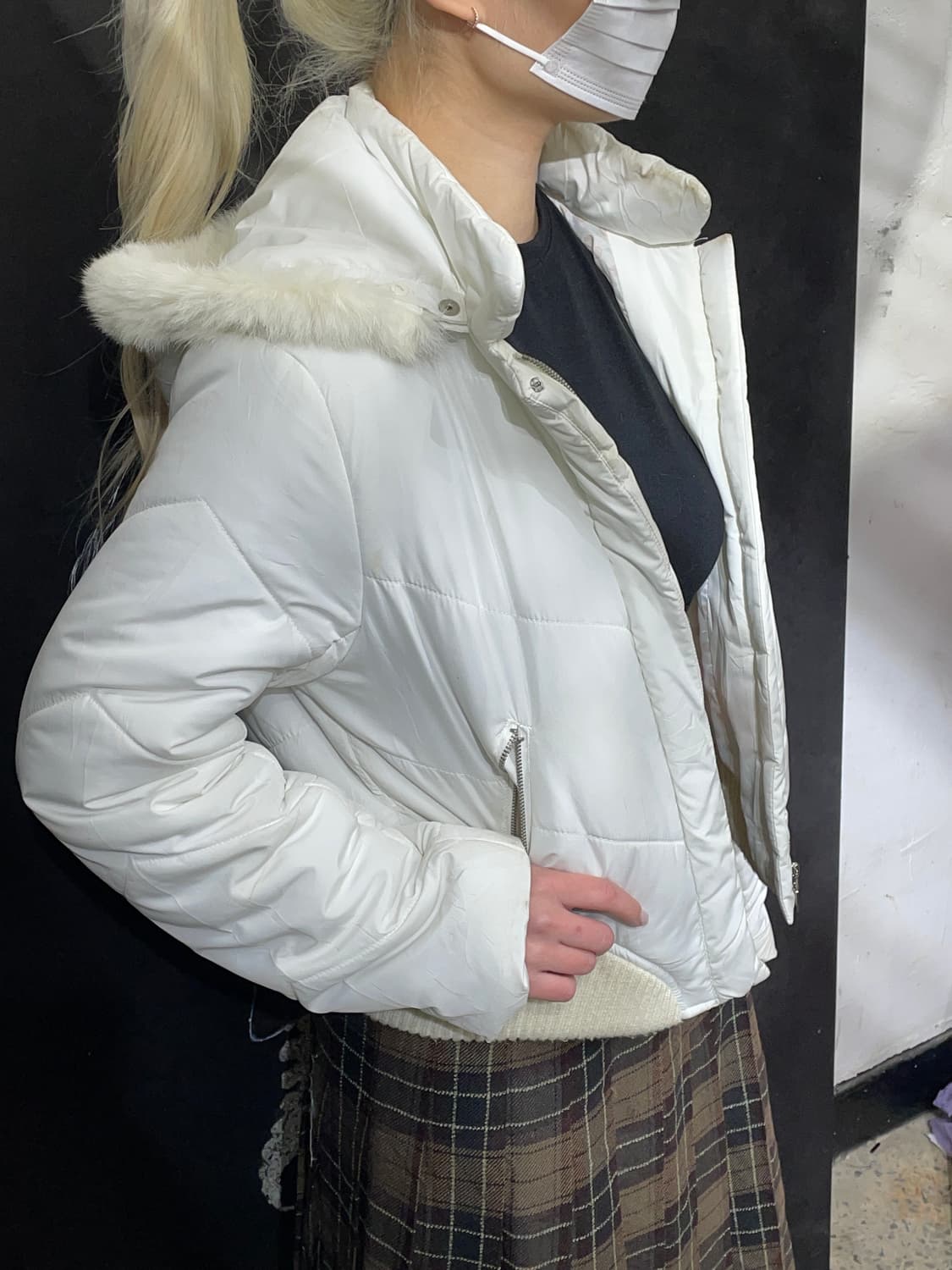 일본빈티지 울프죠 크롭 후드 퍼 푸퍼 패딩 L 상품이미지4