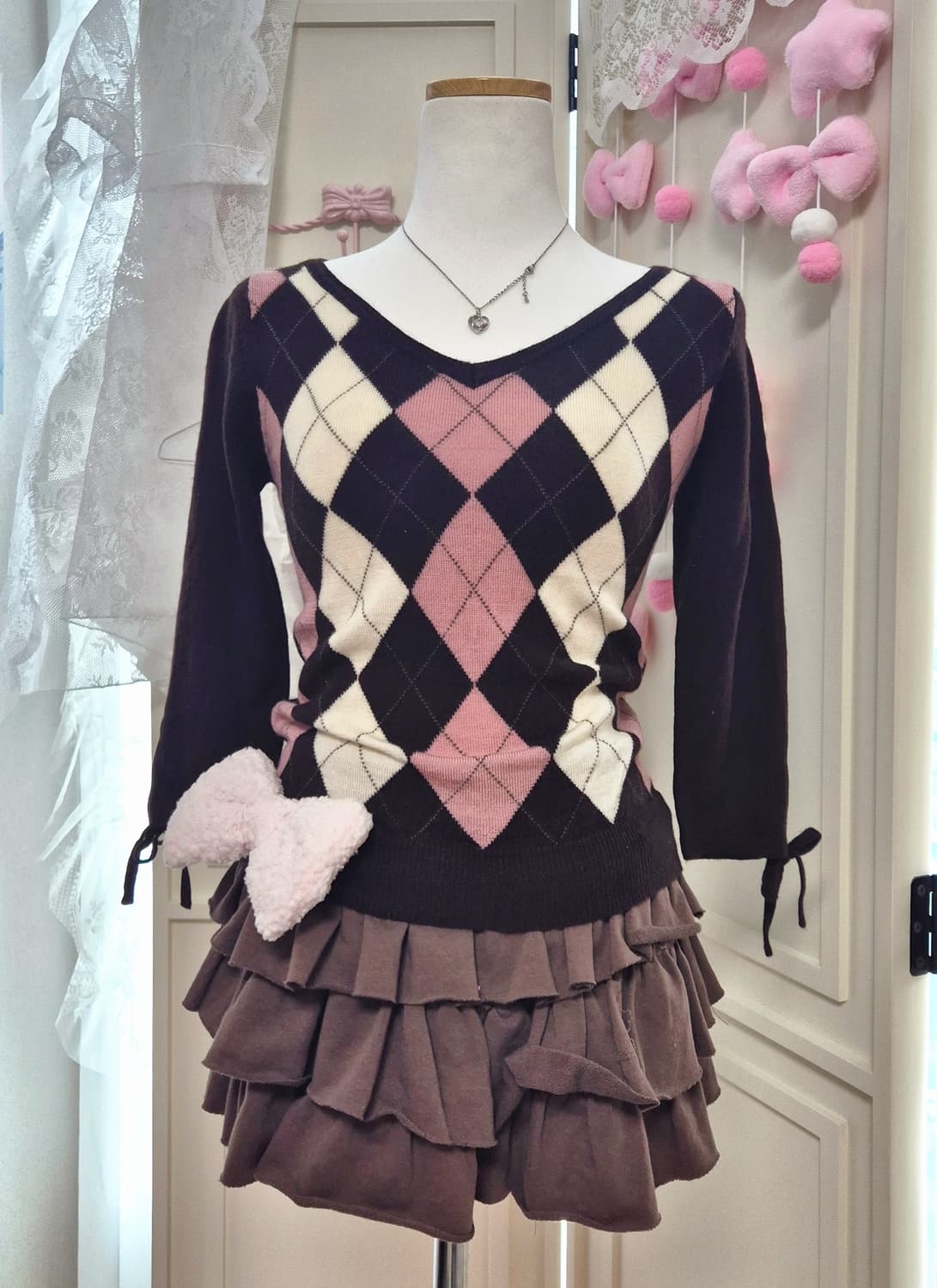 라떼갸루 히메갸루 초코딸기 아가일 리본 니트  상품이미지1