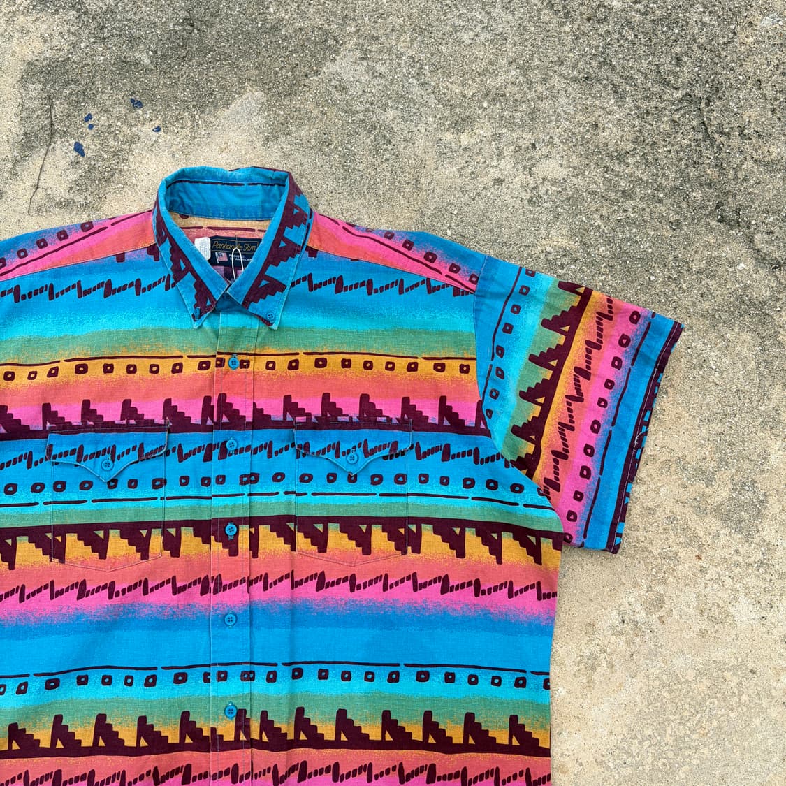 90s USA 팬핸들 슬림 네이티브 웨스턴 반팔셔츠 XL 상품이미지2