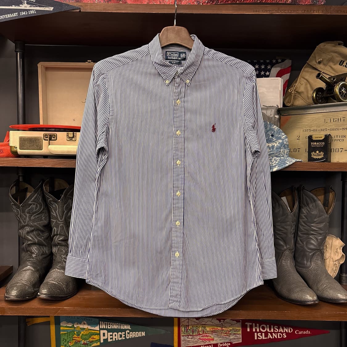 90s 폴로 랄프로렌 슬림핏 스트라이프 버튼다운셔츠 버건디포니 N1100 상품이미지1