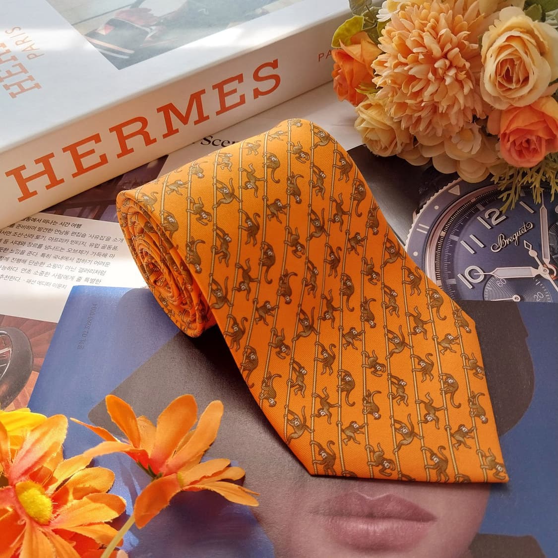 에르메스 오렌지 원숭이 모티브 넥타이 9.5cm A+등급 K2592 상품이미지3