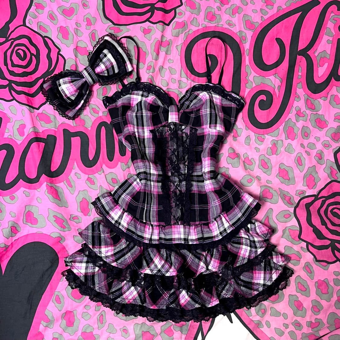 MA*RS마즈 블랙핑크 체크 프릴레이스 리본 셋업 히메오네갸루 핀터109 상품이미지1