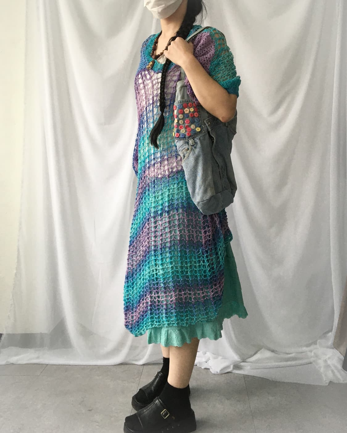 Stripe color point net loose fit onepiec 상품이미지4