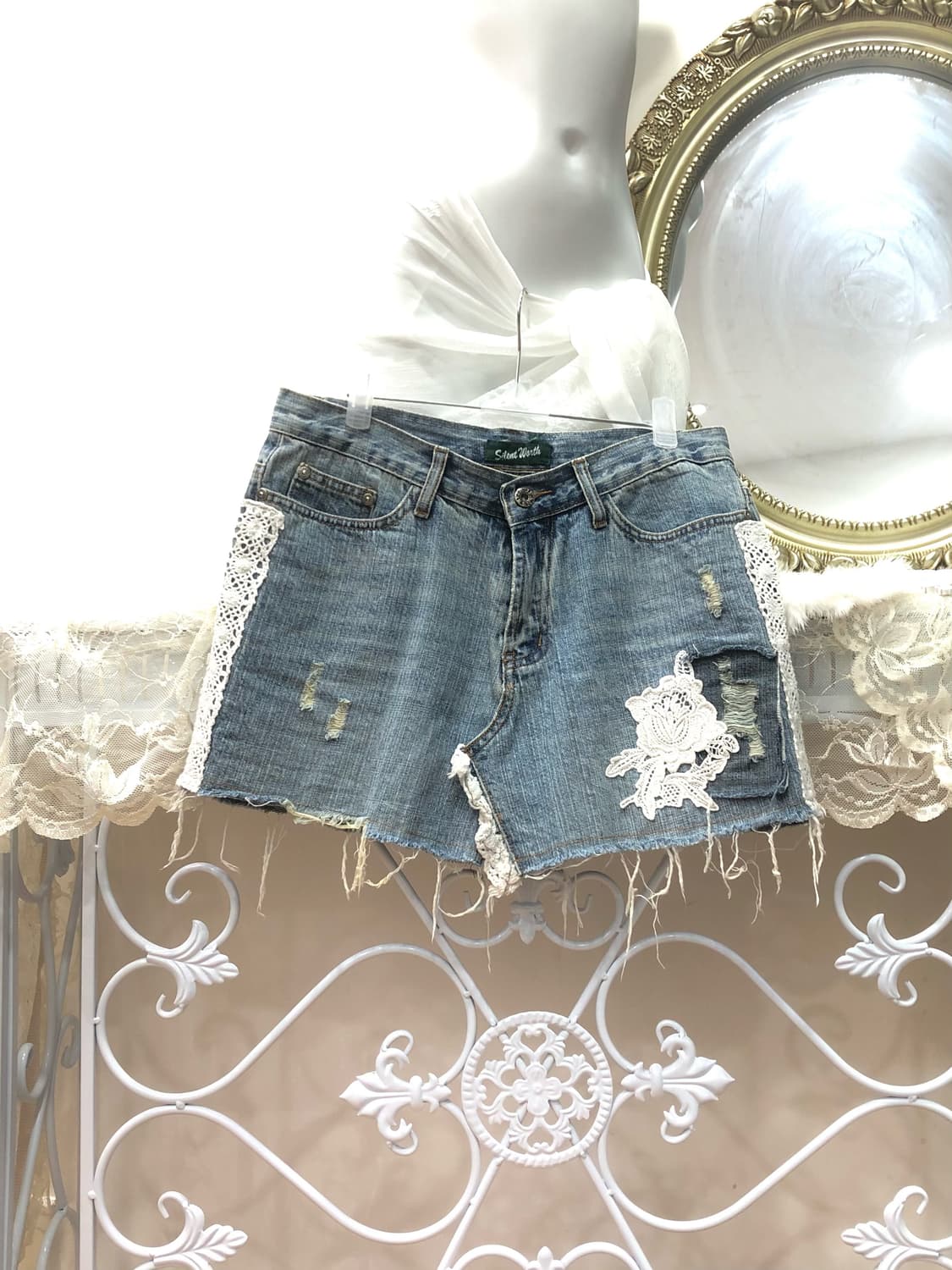 white rose lace light wash mini skirt 상품이미지1