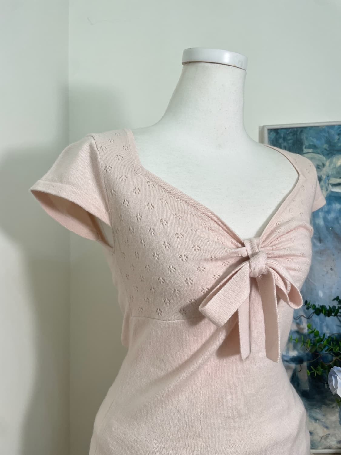 FEROUX milky pink bow crochet knit top 상품이미지6
