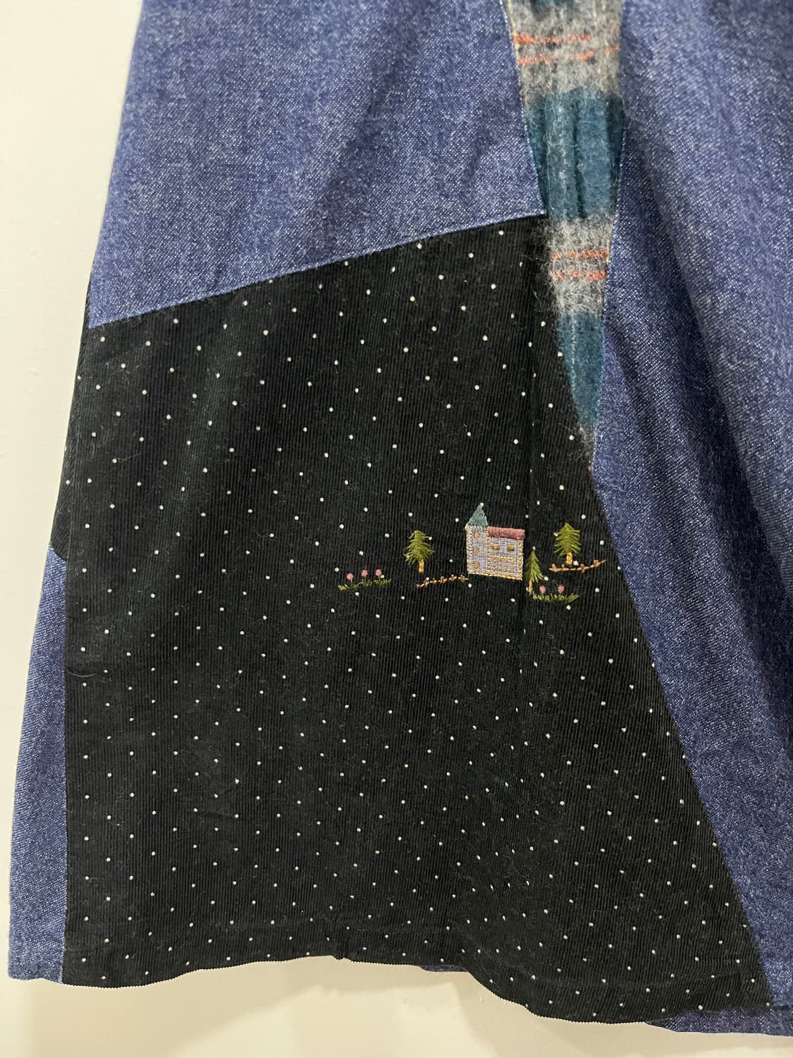 일본빈티지 모리걸 골덴 패치워크 자수 데님 롱스커트 상품이미지3