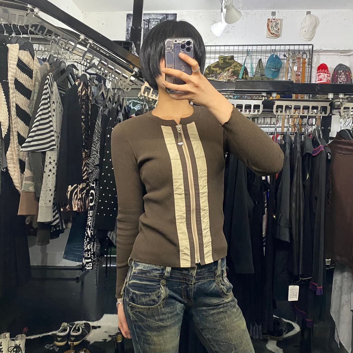 Rico 나일론 배색 브라운 골지 가디건 상품이미지5