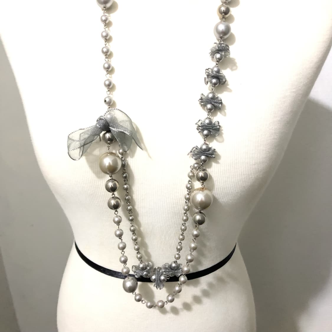 빈티지 실버 진주 리본 드롭 롱목걸이 페어리 갸루 오리엔탈 상품이미지4