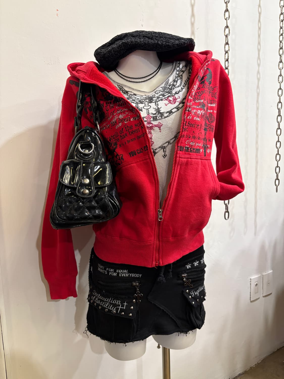 스컬 레터링 프린팅 레드 후드집업 펑크 상품이미지1