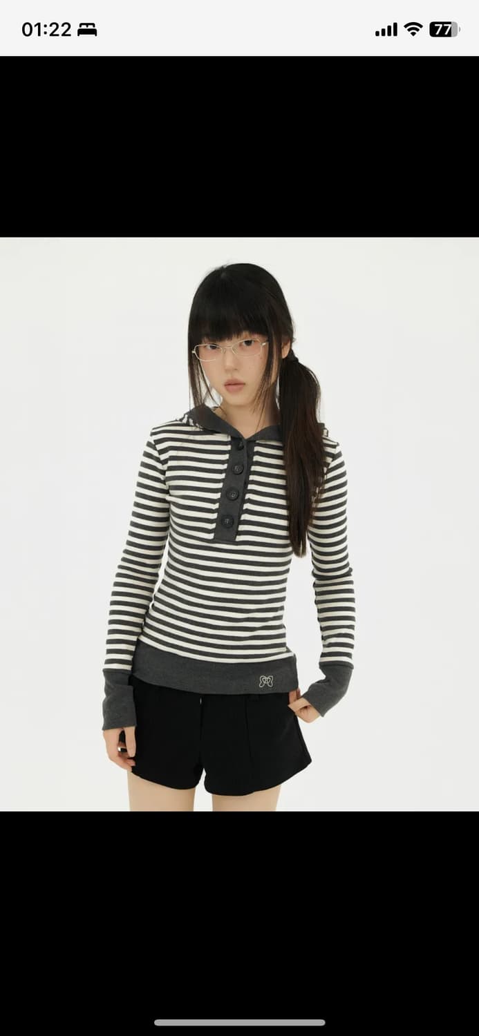 미레코 STRIPE LINE HOODIE T-SHIRT CHARCOAL 상품이미지1