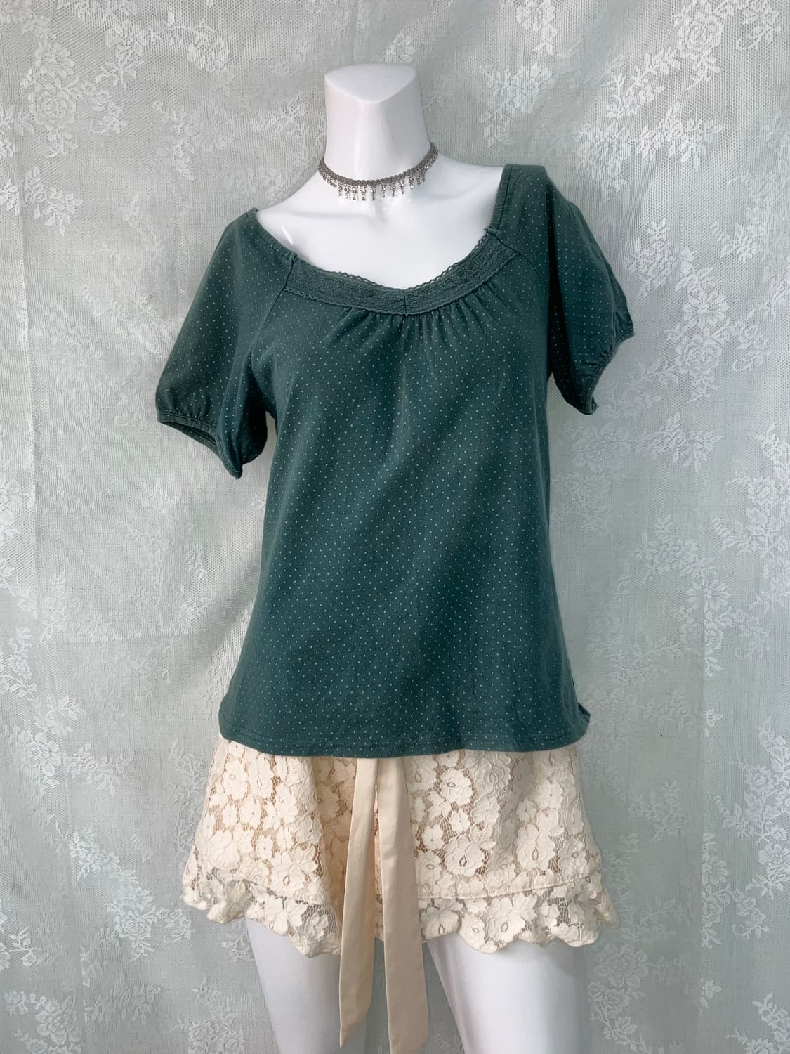 빈티지 청록 땡땡이 크로셰 퍼프 반팔 1118 모리걸 y2k 스트릿 갸루 상품이미지2