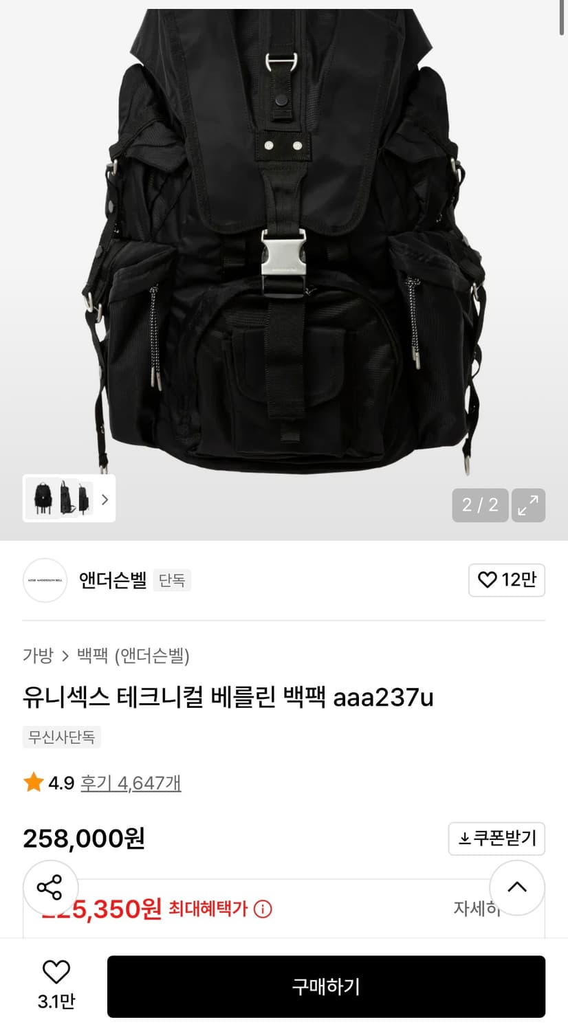 [정가 25만원] 앤더슨벨 테크니컬 백팩 상품이미지2