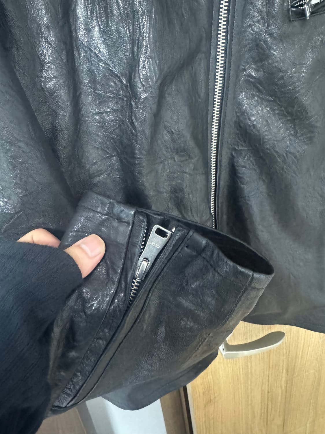쿠어 램스킨 엠보 워시드 트리밍 바이커 자켓 (블랙) xl 상품이미지5