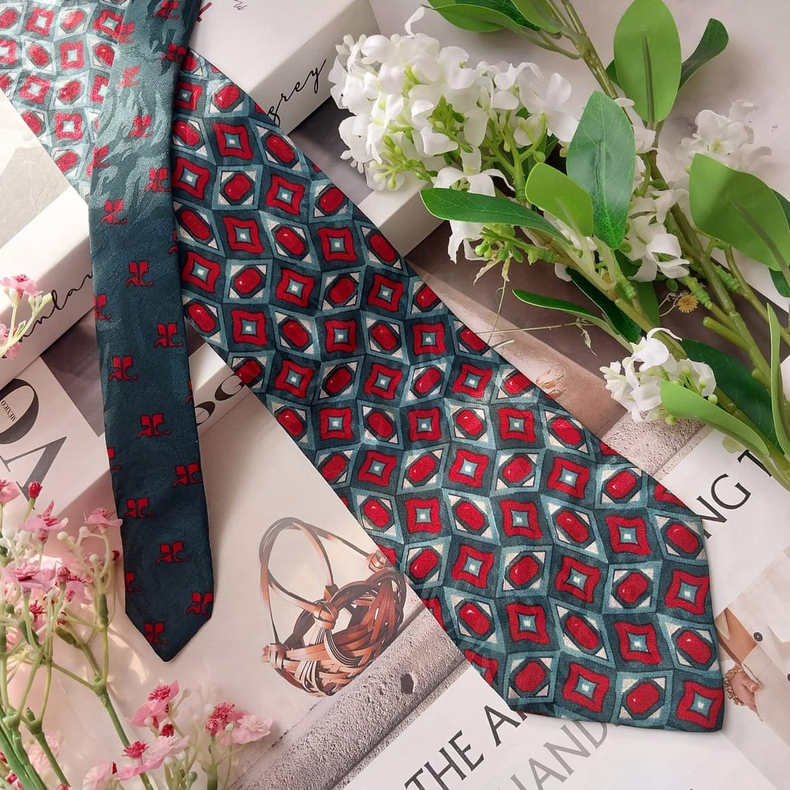 꾸레쥬 실크 그린 기하 패턴 넥타이 9.1cm A+등급 K1928 상품이미지2