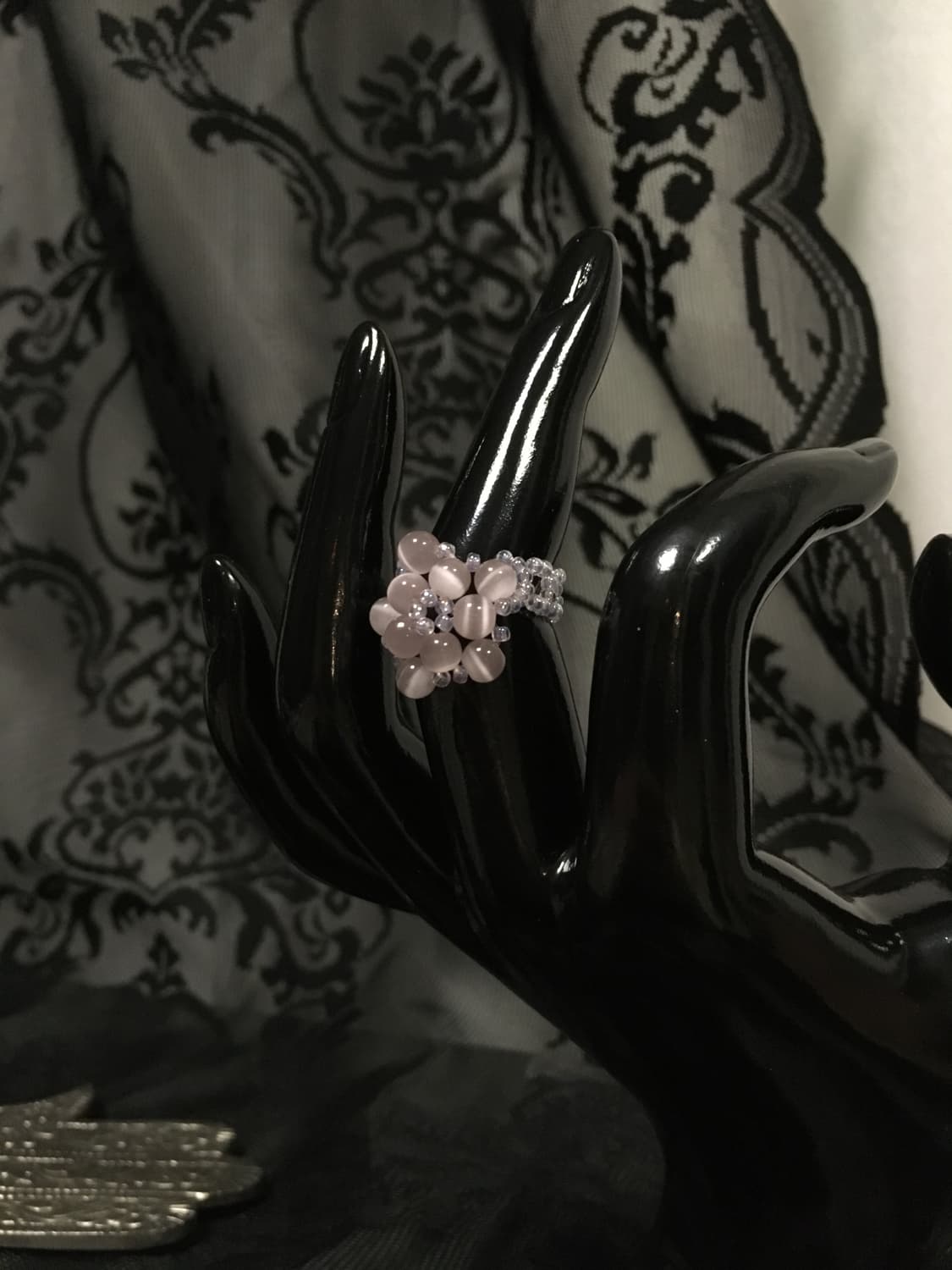 Vintage 스윙셋 캣츠아이 원석 비즈 퍼플 보라빛 꽃 링 반지 상품이미지1