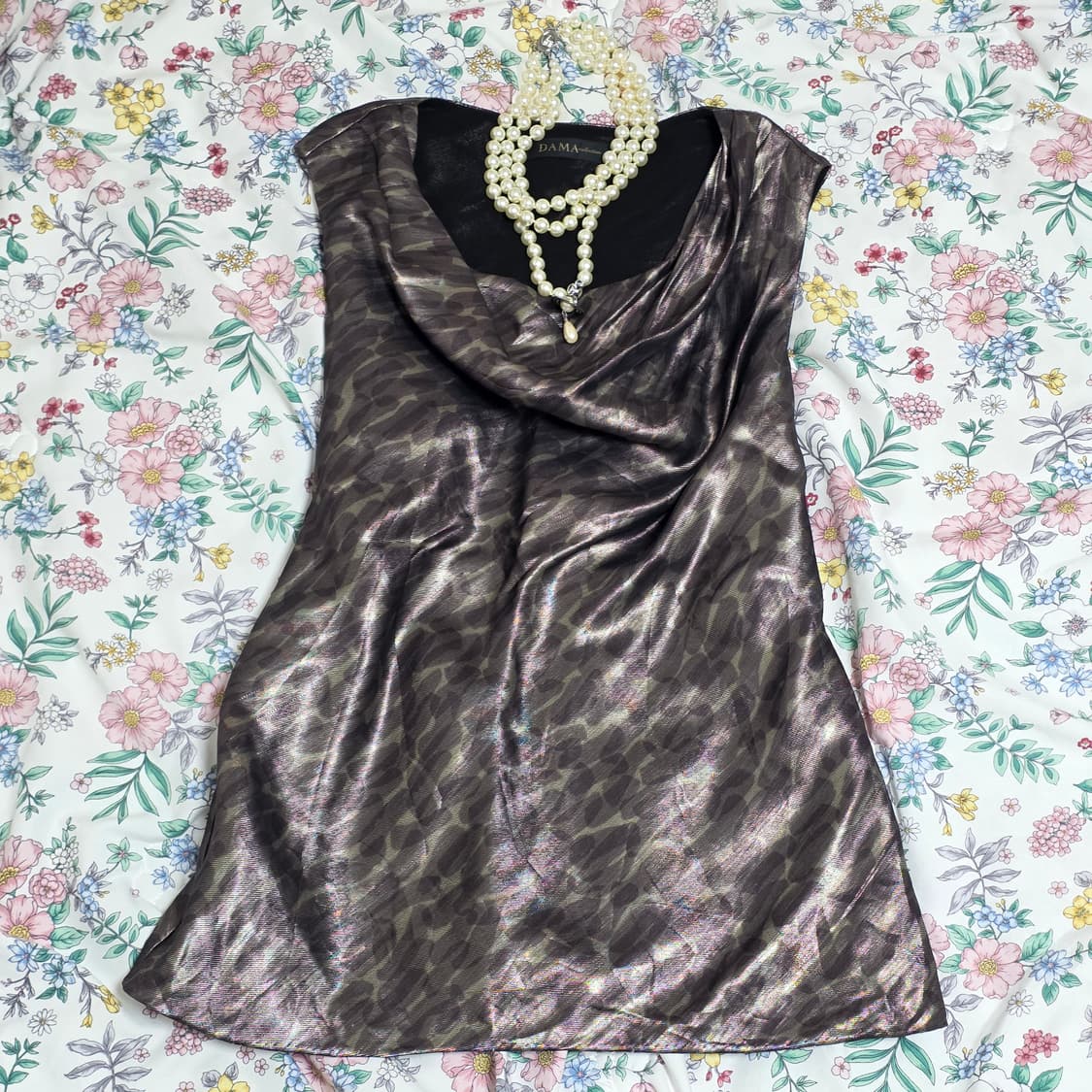 일본빈티지)드레이프 새틴글리터 셔링 긱시크 레이어드 블랙슬리브리스민소매탑 상품이미지4